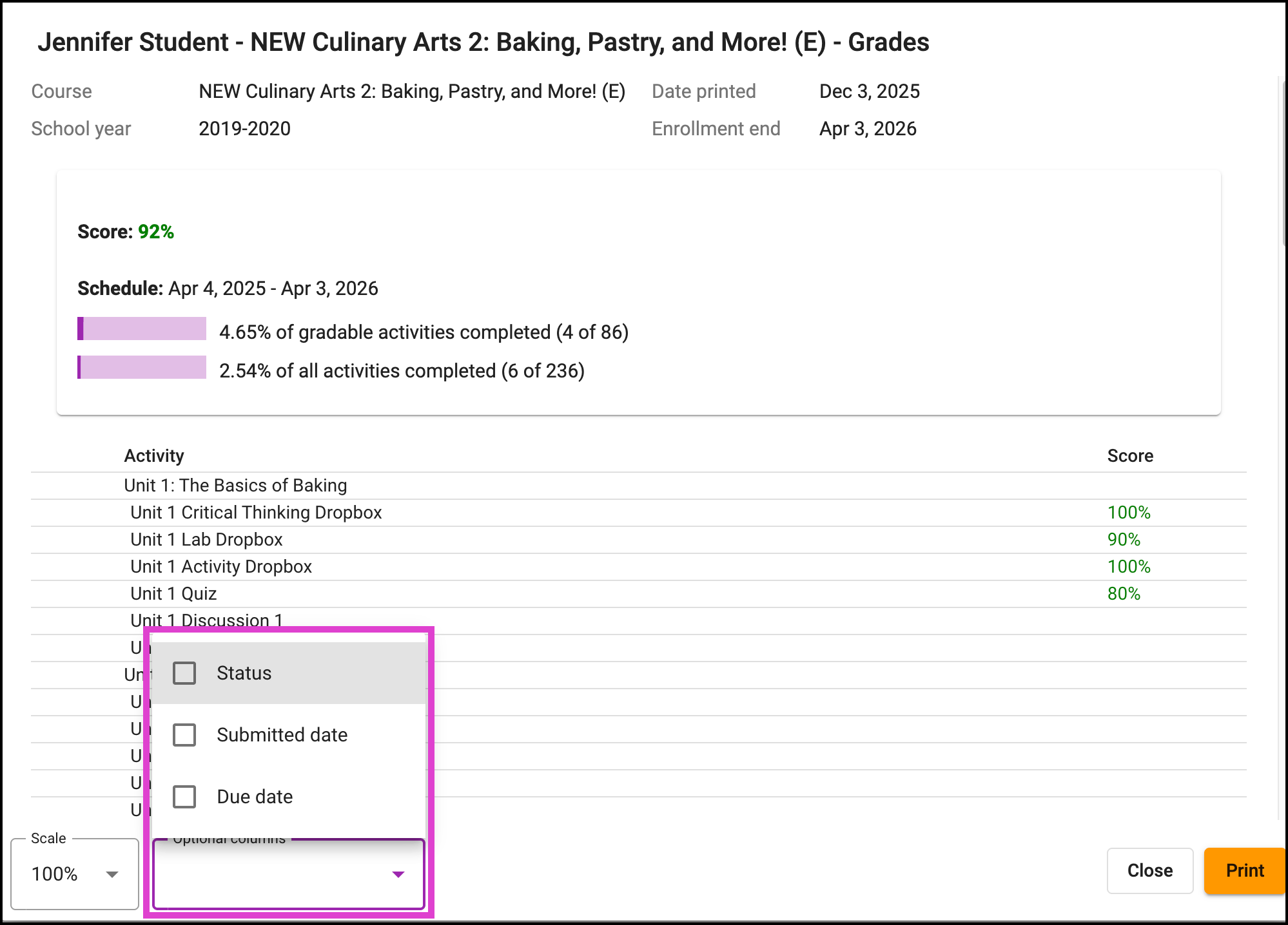 Screenshot of the options available for printing unofficial transcripts.