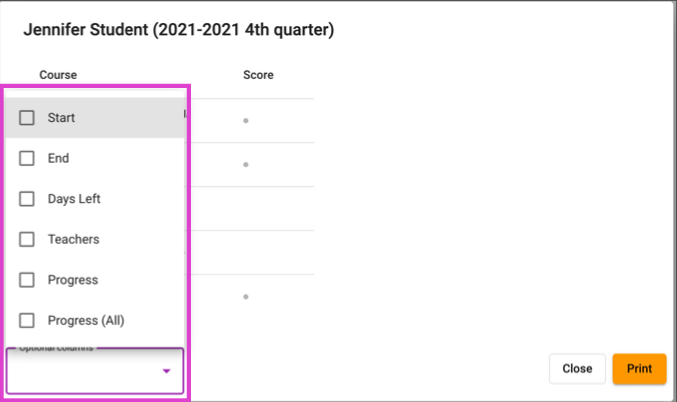 Screenshot of the course gradebook print options.