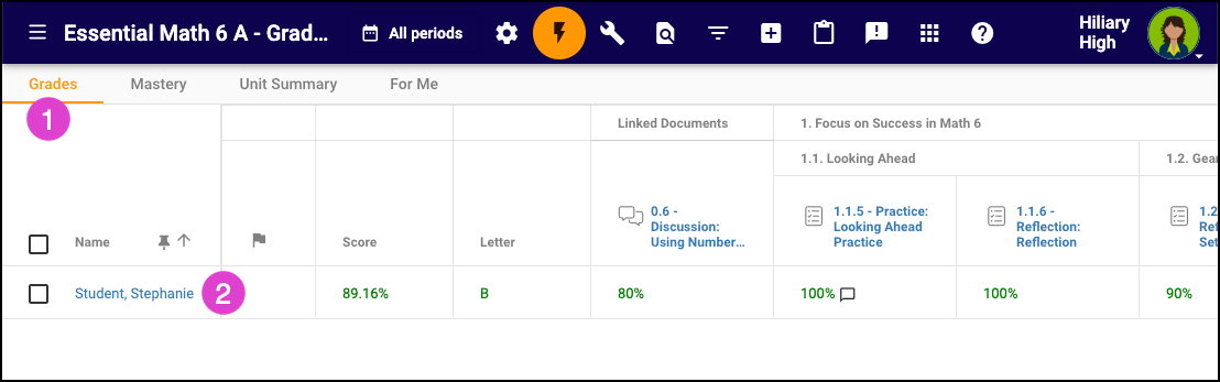 Screenshot of the Grades tab for a course.  A number 1 appears next to Grades and a 2 next to a student name.