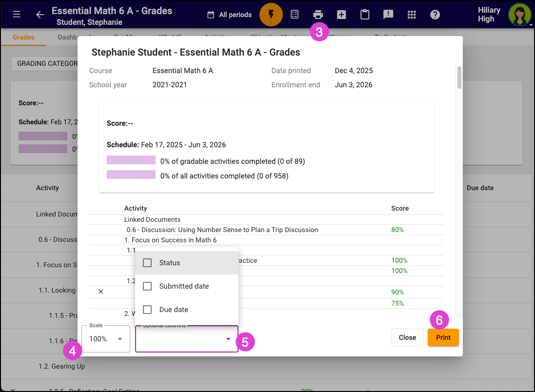 Screenshot of the Grades tab print options screen. Numbered markers correspond with the bullets above. 