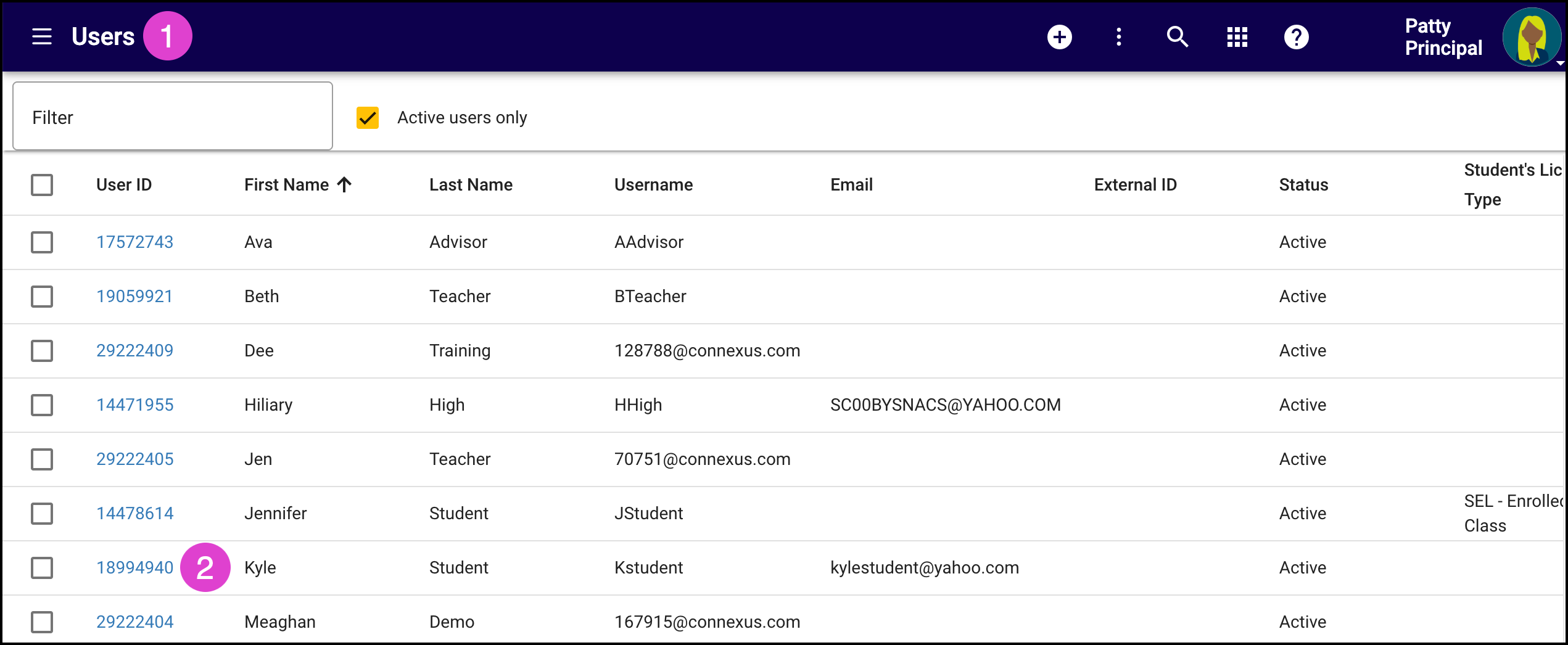  Screenshot of the Users screen.  A student ID is identified with the #2.