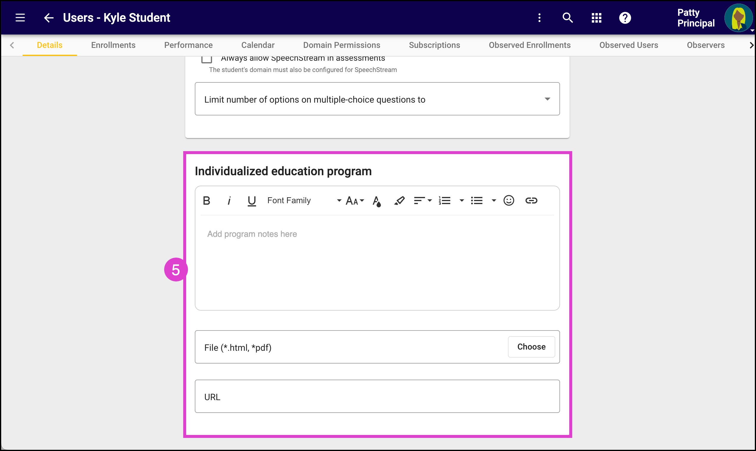 Screencapture of the Users Details screen.  THe IEP area of this tool is highlighted
