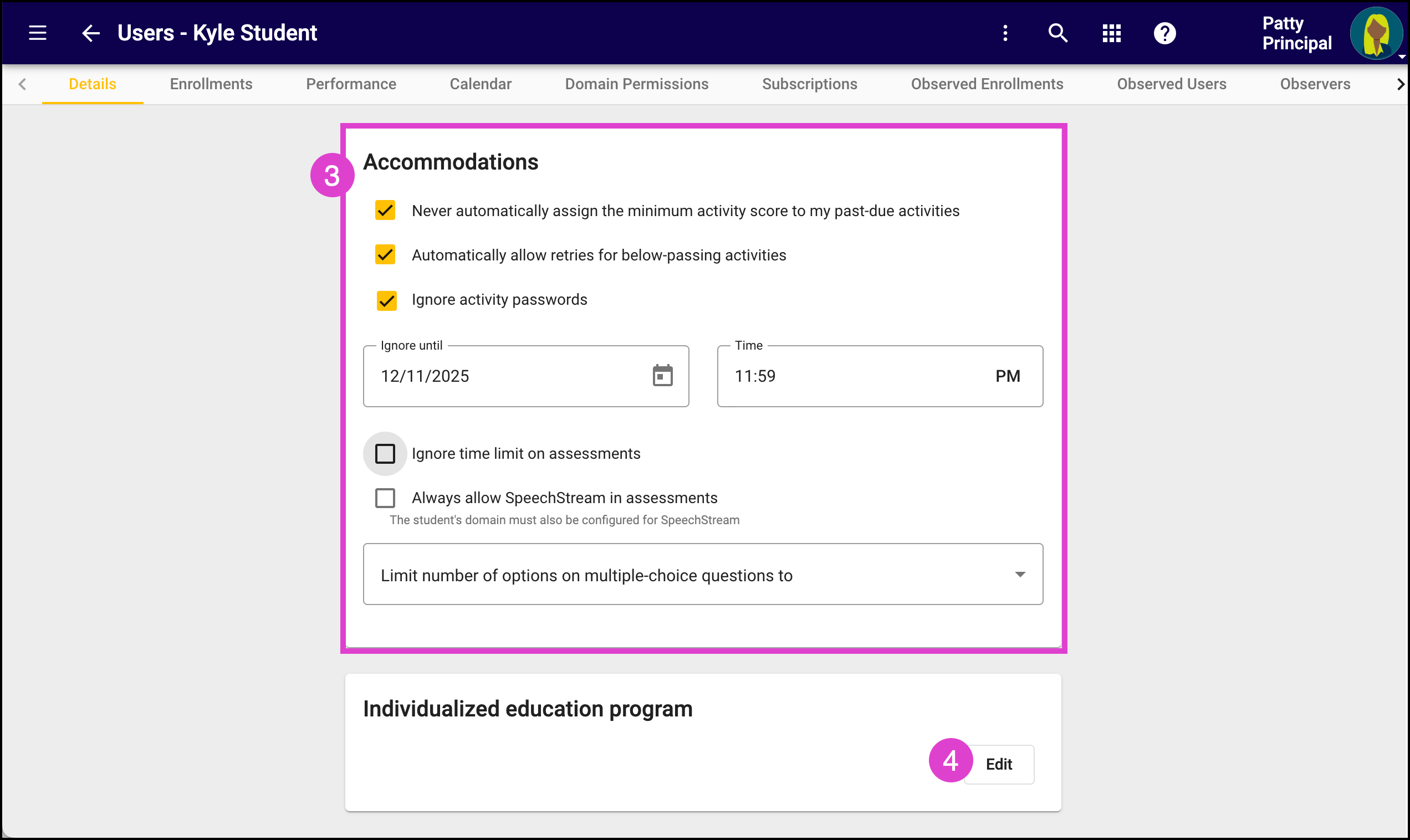 Screenshot of the Users Details screen.&nbsp; The Accommodations area is highlighted.