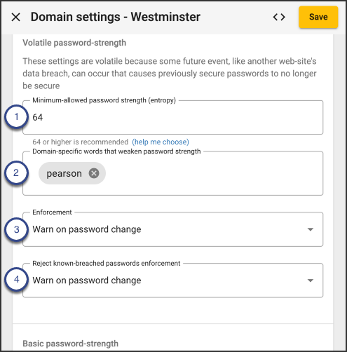 Screenshot of the Volatile password-strength card.  Numbered markers correspond with the bullets above.