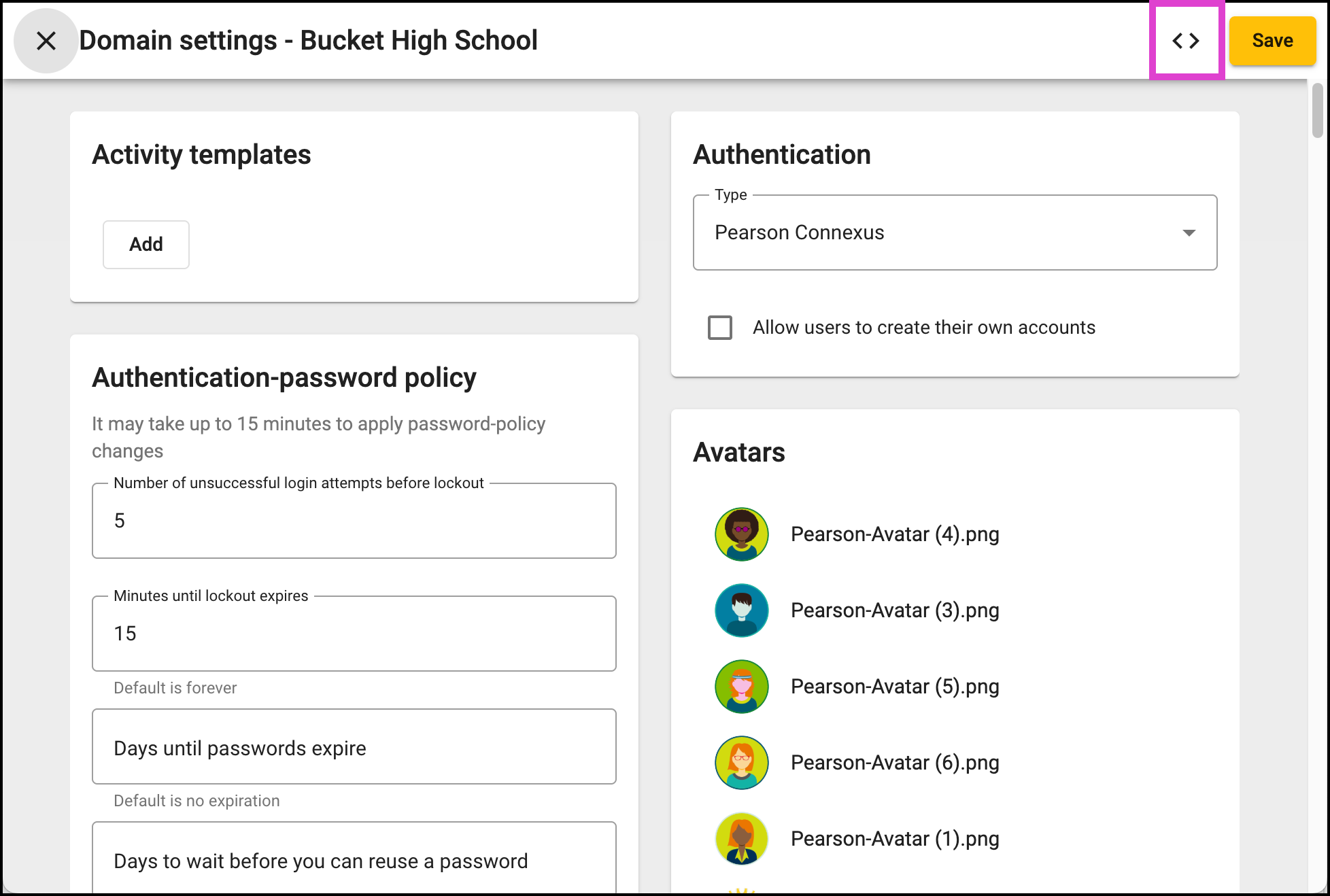 Screenshot of Domain Settings. The angle brackets for HTML options are highlighted. 