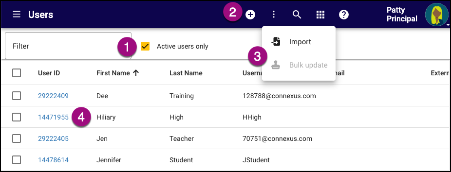 The Users tool.  Numbered markers correspond with the bullets above. 