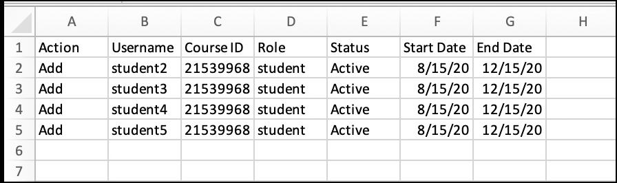Image of the Batch enroll users csv sheet.