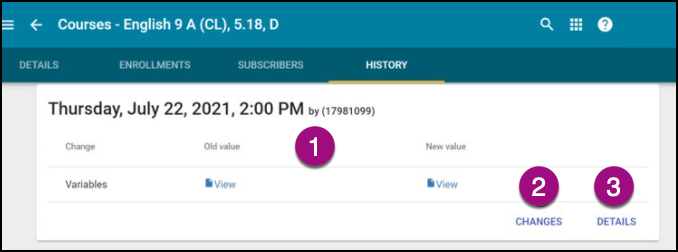 Screenshot of the Courses tool, History tab. Numbered markers correspond with the bullets above. 