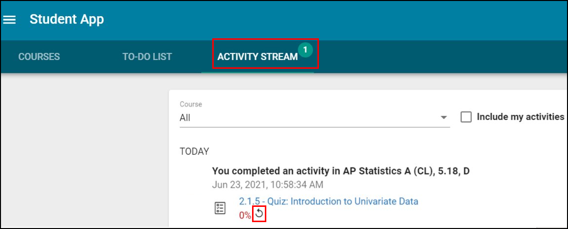 Screenshot of the Student Activity Stream tab.  An activity with a "retry" icon appears.