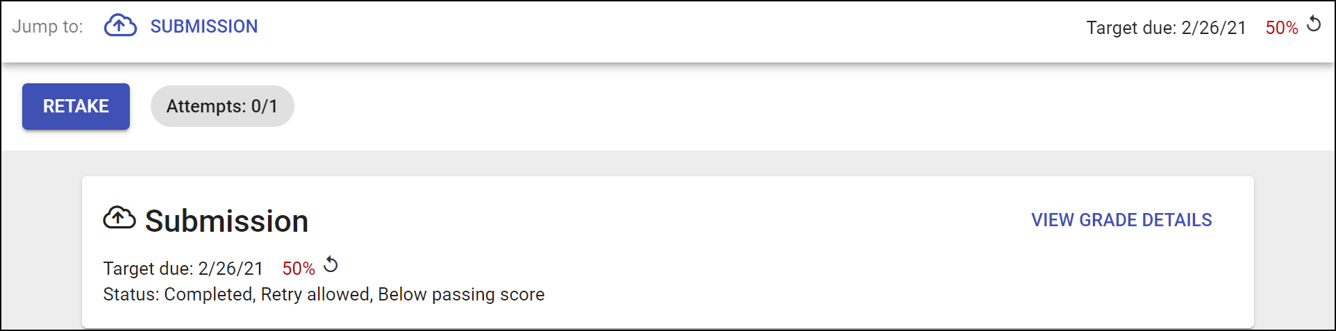 Screenshot of the student submission with the Retake button appearing. 