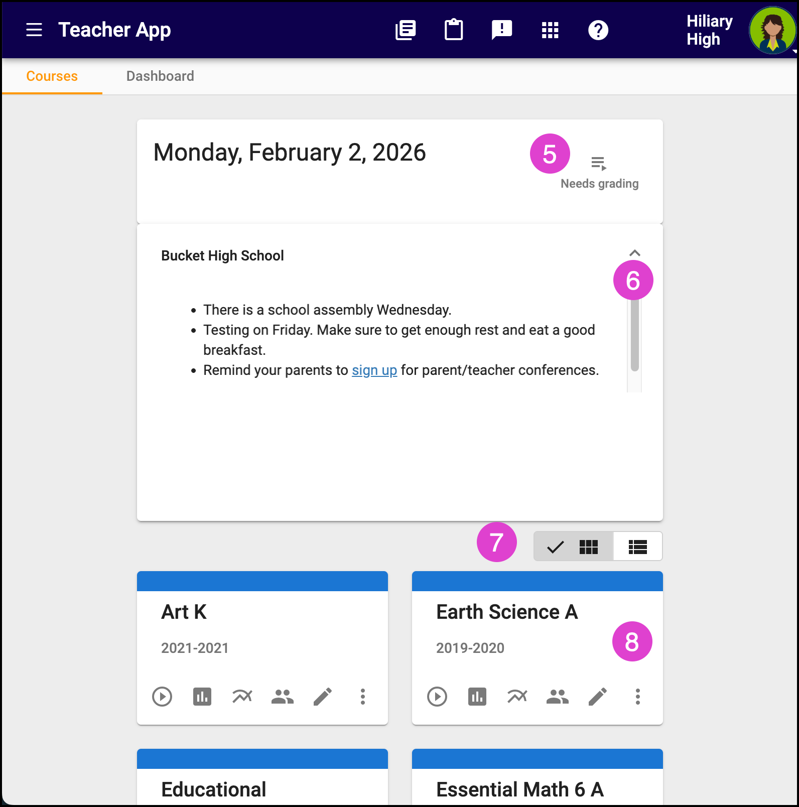 Screeshot of Teacher Home with the domain-wide announcements pane open. Numbered markers correspond with the bullets above.