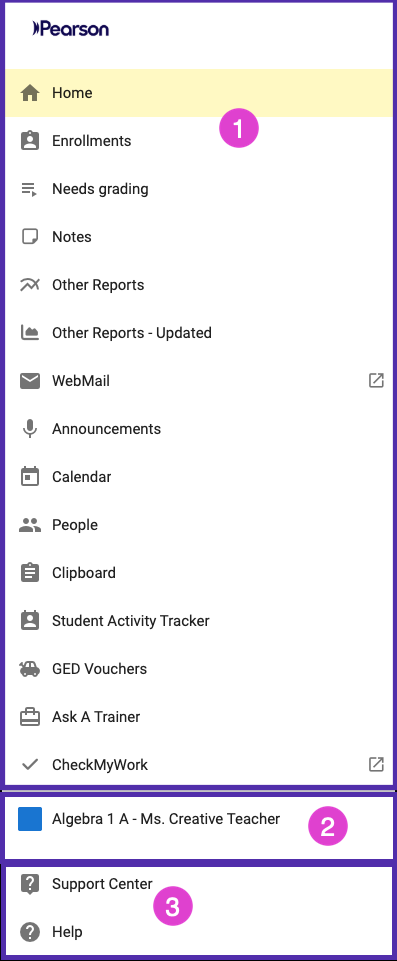 Screenshot of the Main Menu expanded. Numbered markers correspond with the bullets above.