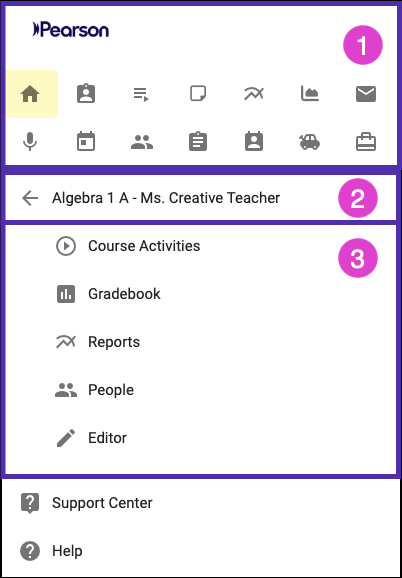 Screenshot of the Courses menu open. Numbered markers correspond with the bullets above.