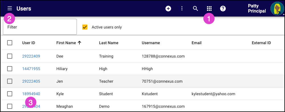 Screenshot of the Users tool.  Numbered markers correspond with the bullets above. 