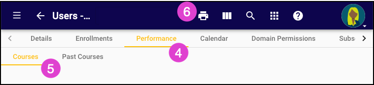 Screenshot of the Users tool for a specific user.  Numbered markers correspond with the bullets above. 
