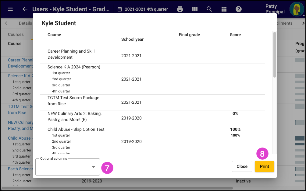 Screenshot of the Print window that appears after selecting Print.  Numbered markers correspond with the bullets above. 
