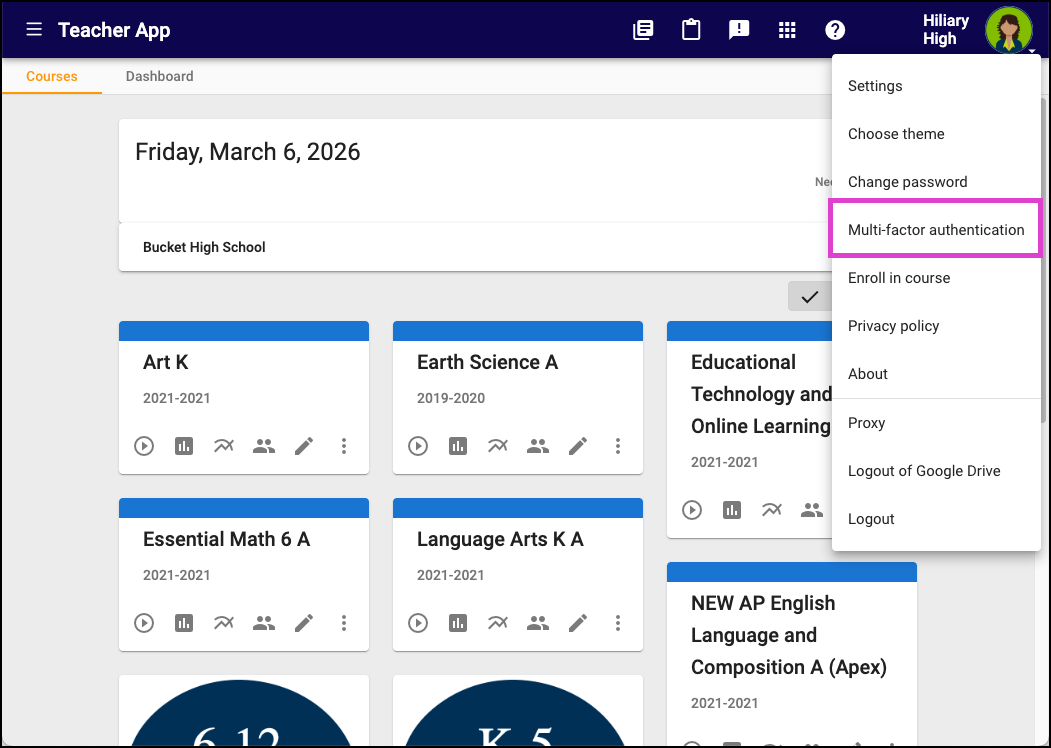 Screenshot of the Teacher App with the User drop-down menu expanded.  Set up mulit-factor authentication is highlighted in the window.