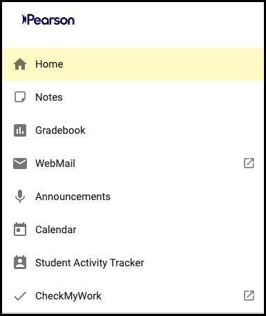 Screenshot of a student's Main Menu.