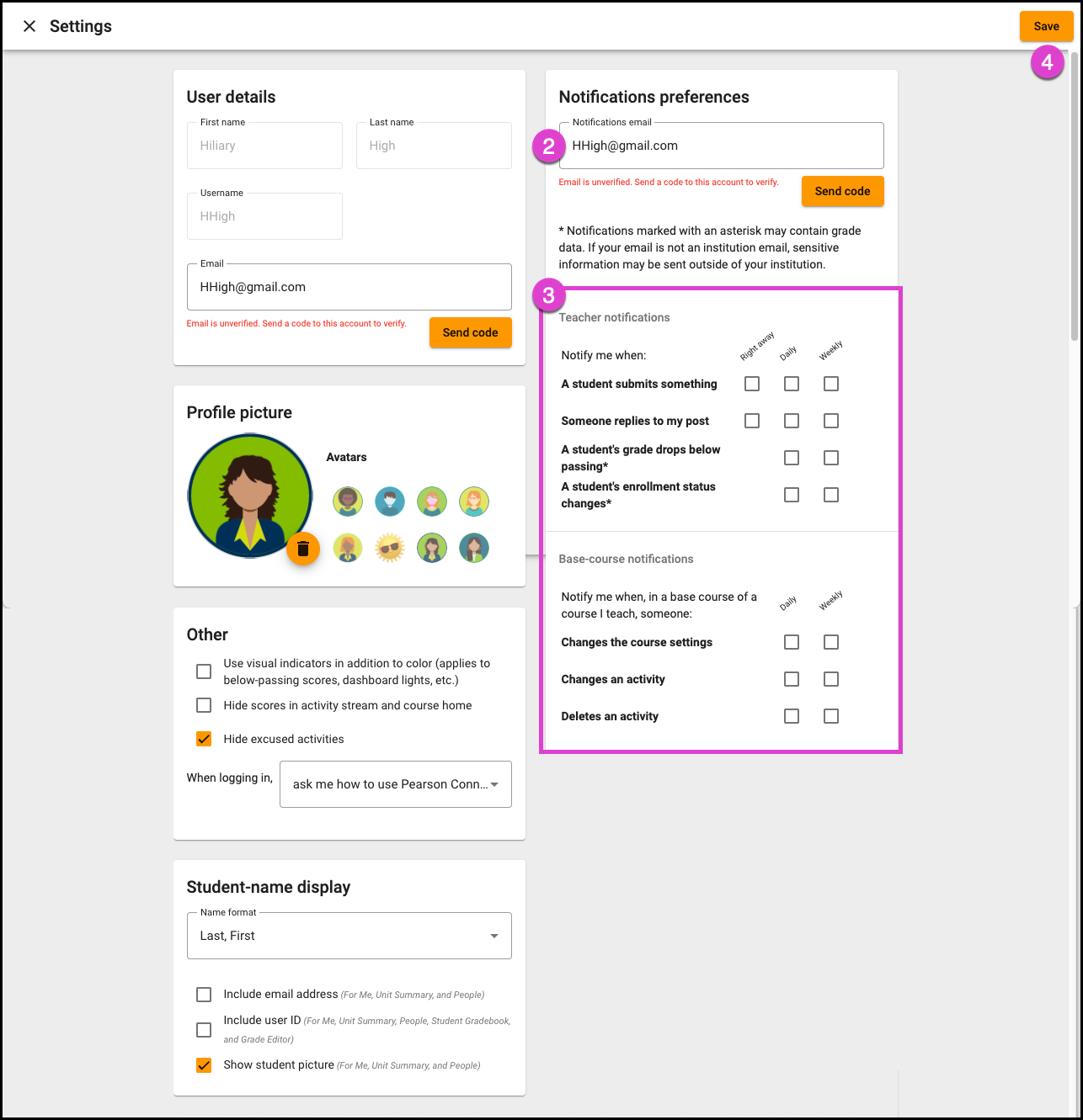 Screenshot of the User Menu, Settings tool.  Numbered markers correspond with the bullets above. 