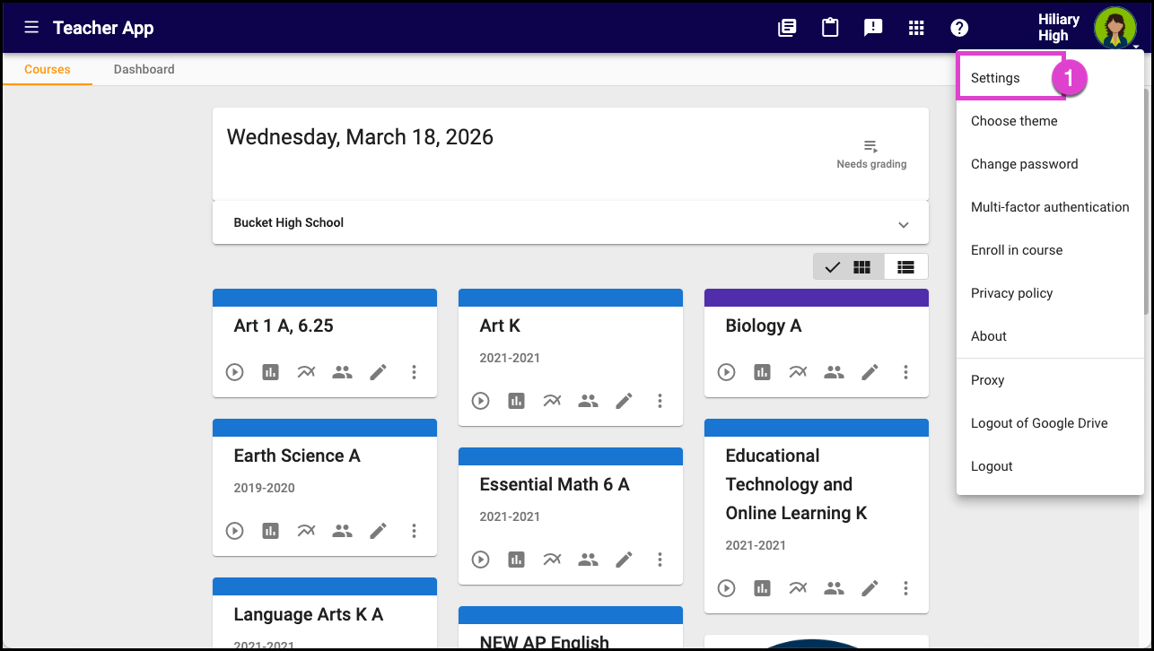 Screenshot of the Teacher Home Page.  The User Menu is expanded and Settings is highlighted. 