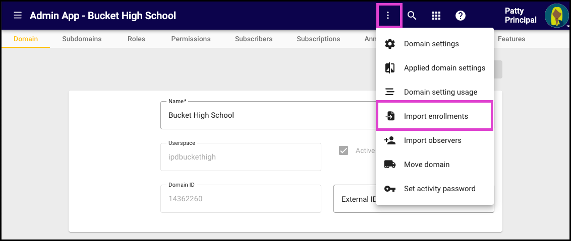 Screenshot of the Domain home page.  The Actions menu is open and Import Enrollments highlighted. 