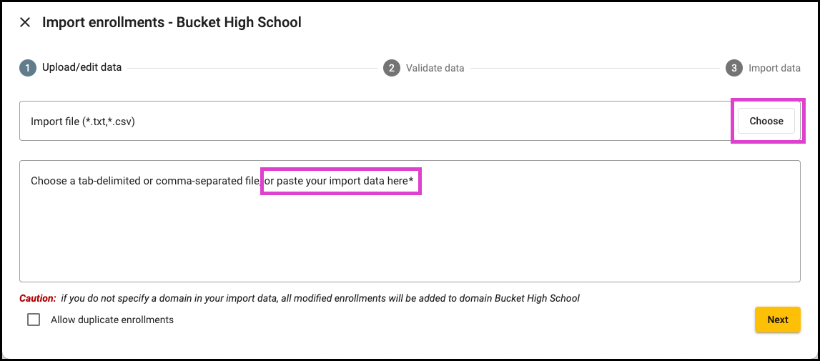 Screenshot of the Import enrollments screen.  Choose a file button and the text to paste data are highlighted. 