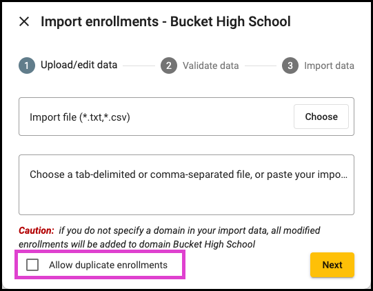Screenshot of the Import enrollments screen.  The Allow duplicate enrollments option is highlighted.  