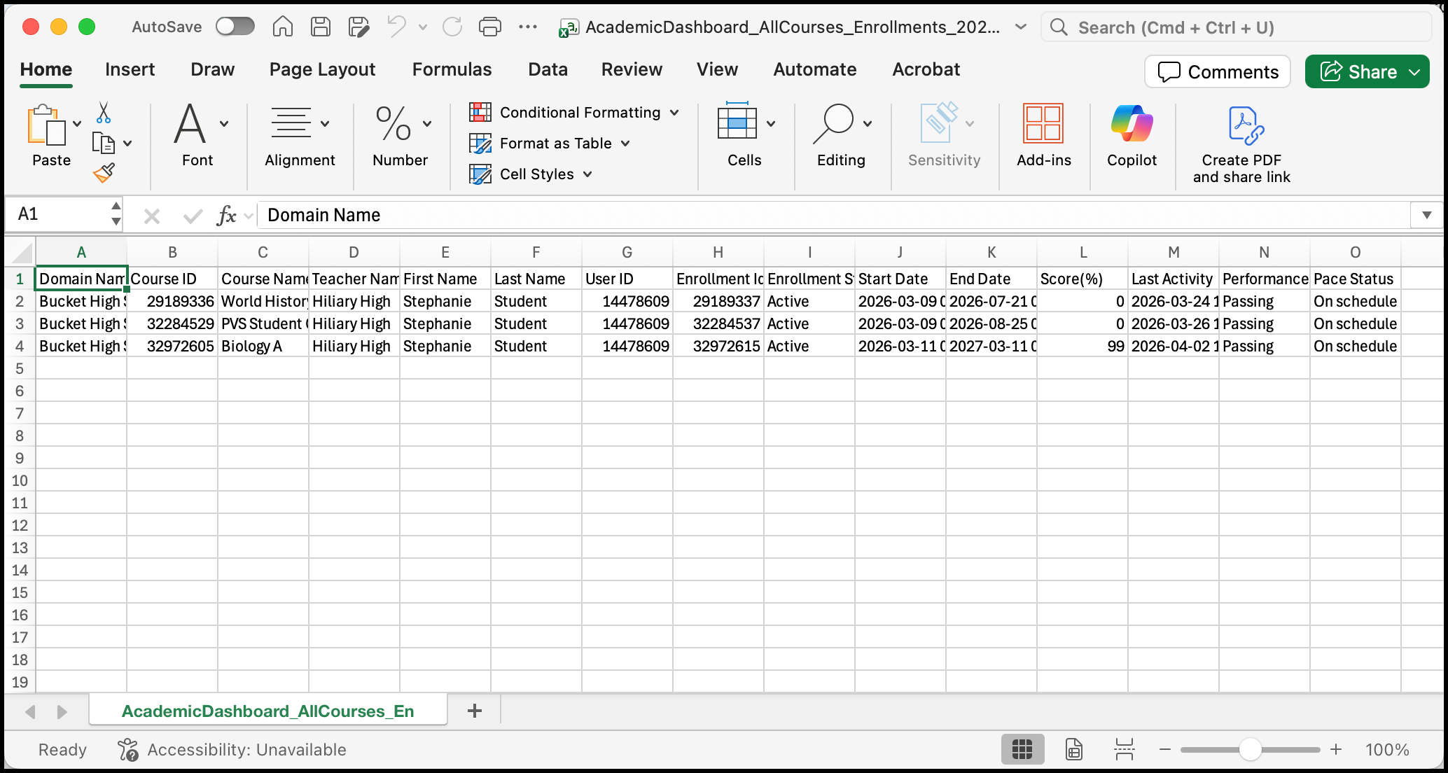 Screenshot of the .csv file of Students in Enrollments.