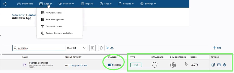 Screenshot of the Add new app screen.  Enabled is selected and Type, Dataguard, Demographics, Users, and Actions is highlighted. 