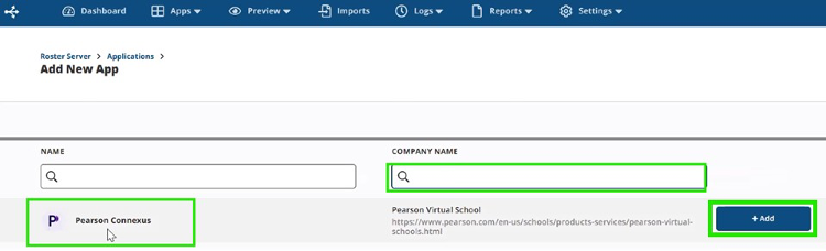 Screenshot of the Add new app screen.  The Company name search field is highlighted and Pearson Connexus is displayed in the search results.  Add is highlighted. 