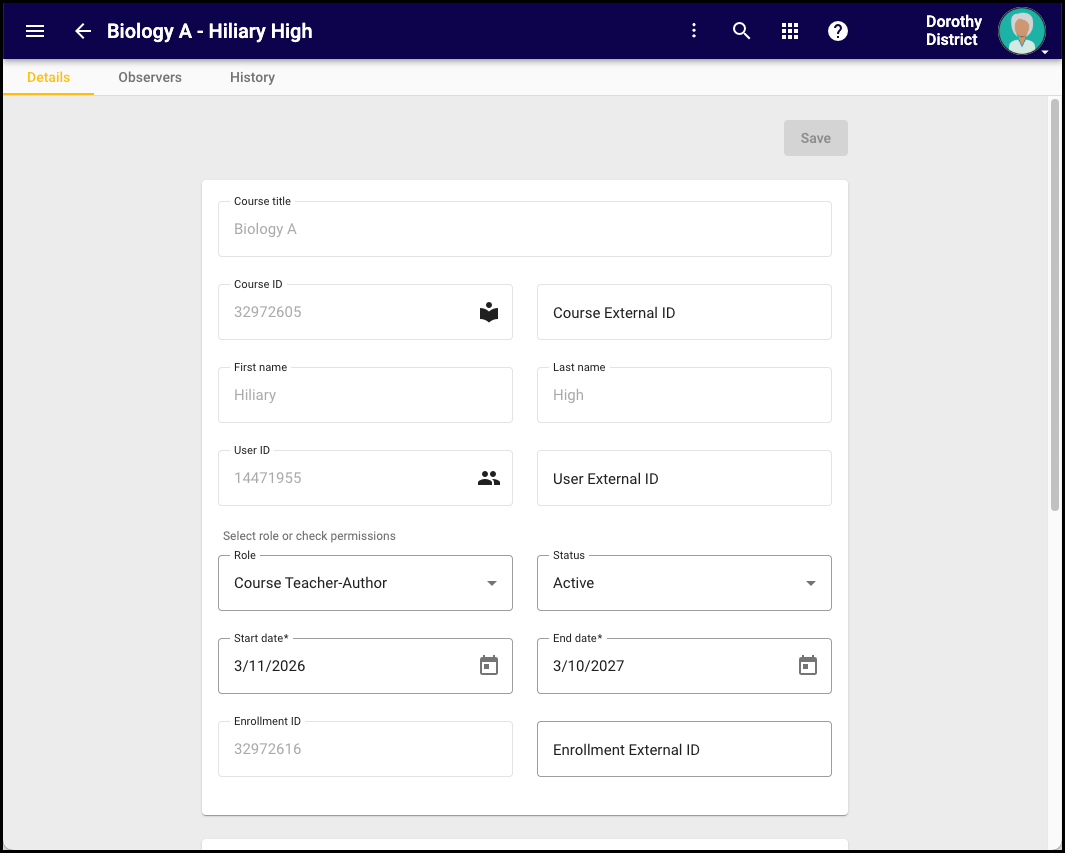 Screenshot of the Enrollment Details screen for a user. 