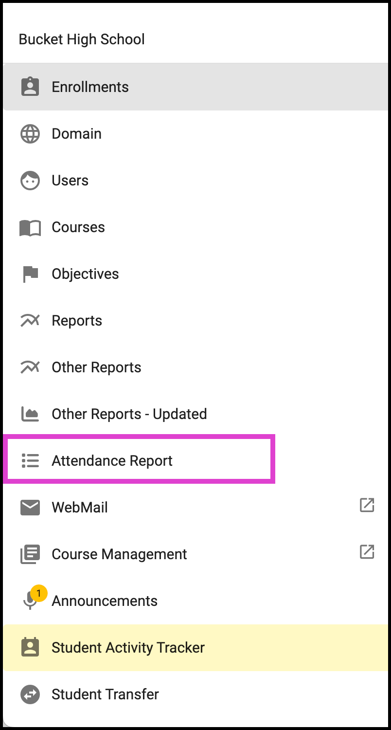Screenshot of the Main Menu, Attendance Report is highlighted. 