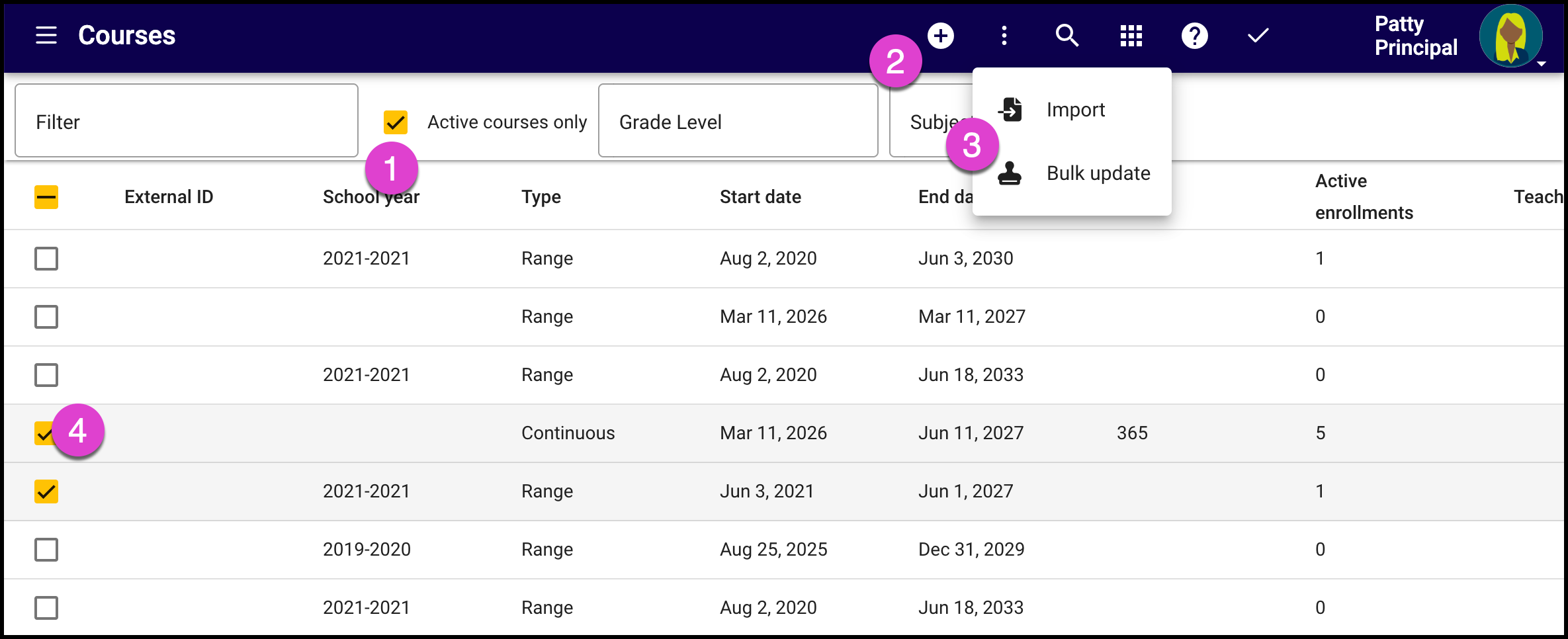 Screenshot of the Courses tool. Numbered markers correspond with the bullets above. 