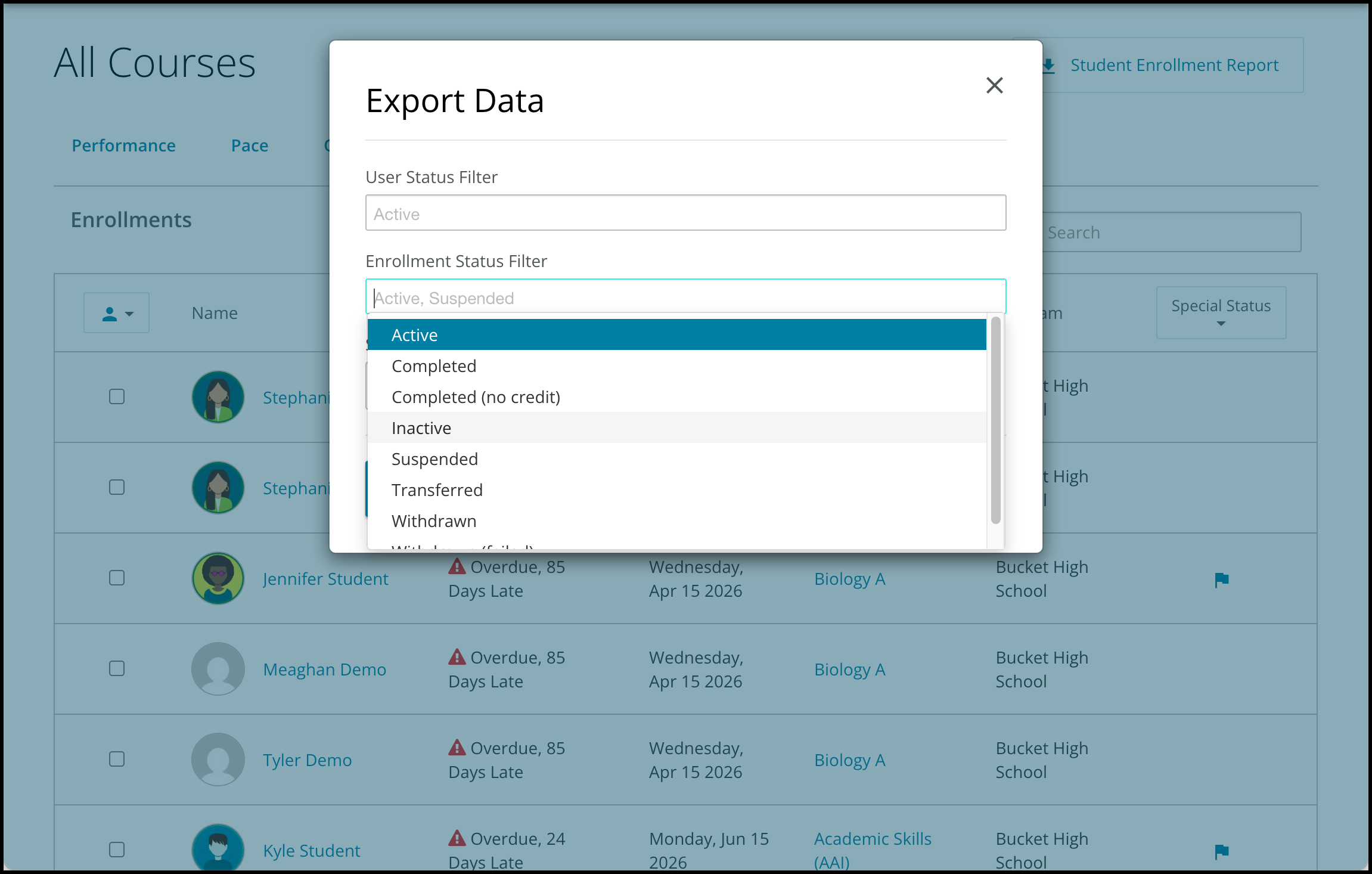 Screenshot of the Export Data dialog box.  The Enrollment Status field has been selected and available filters appear in the drop-down menu.