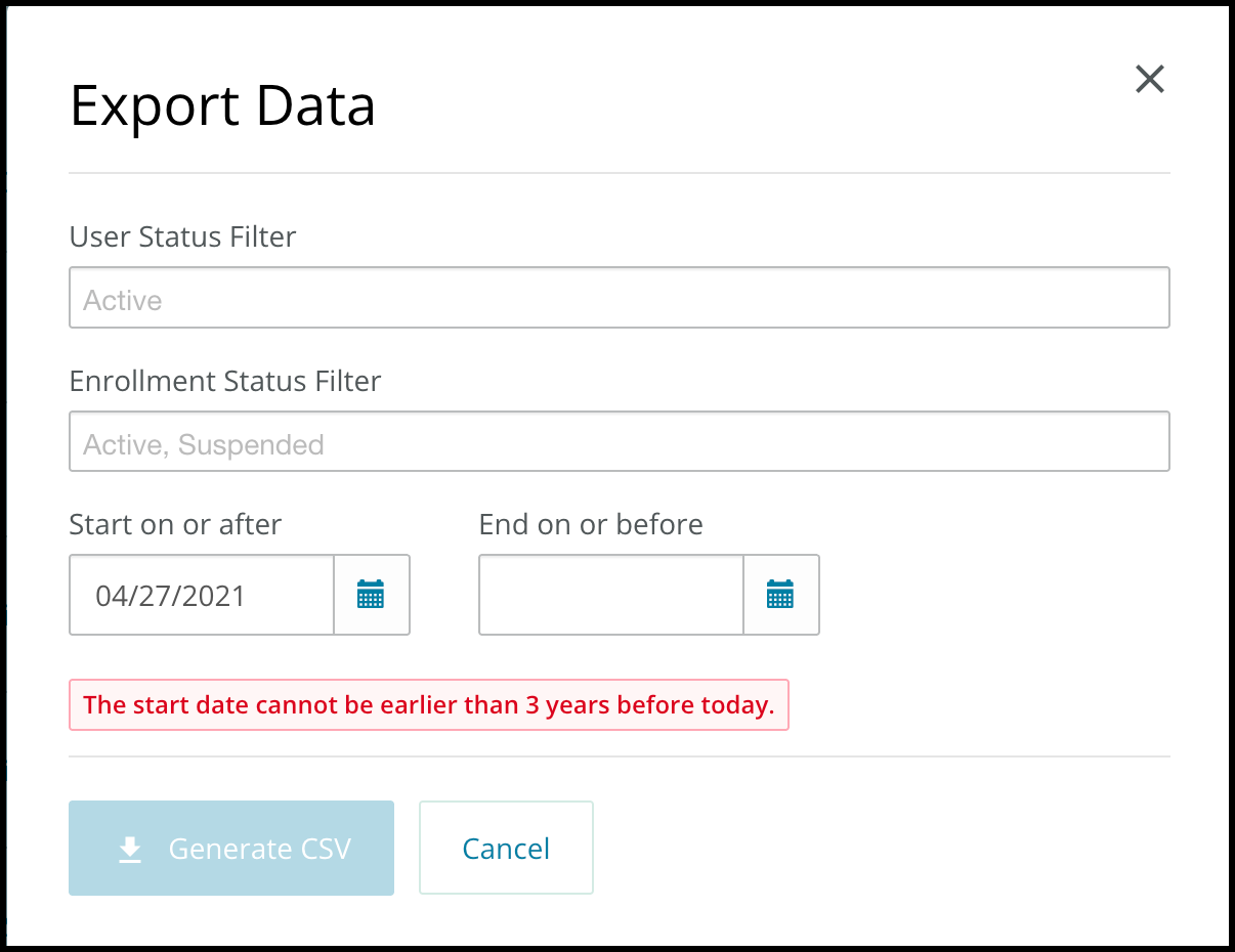 Screenshot of Export Data with default filters.  An error message appears at the bottom stating that The start date cannot be earlier than 3 years before today. 