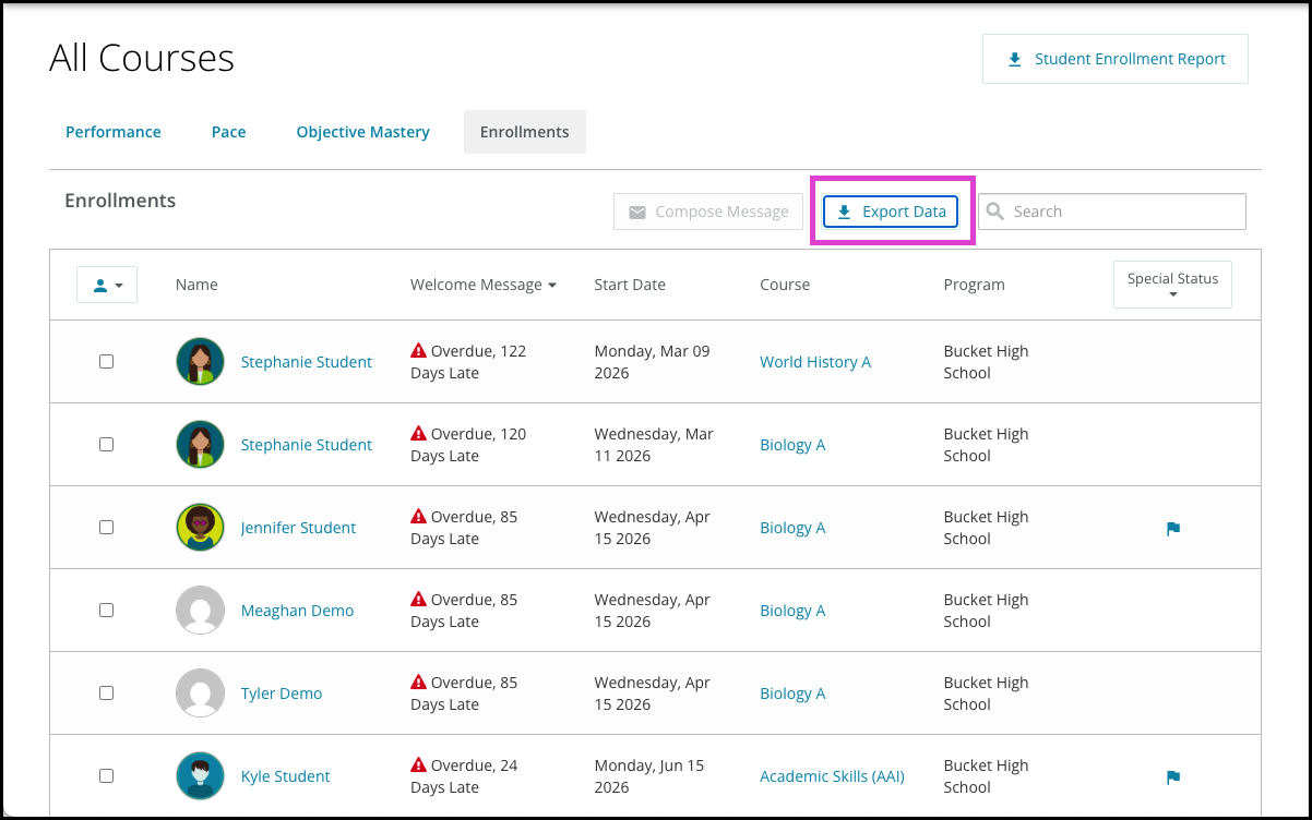 Screenshot of the Enrollments tool, Enrollments tab.  Export Data is highlighted. 