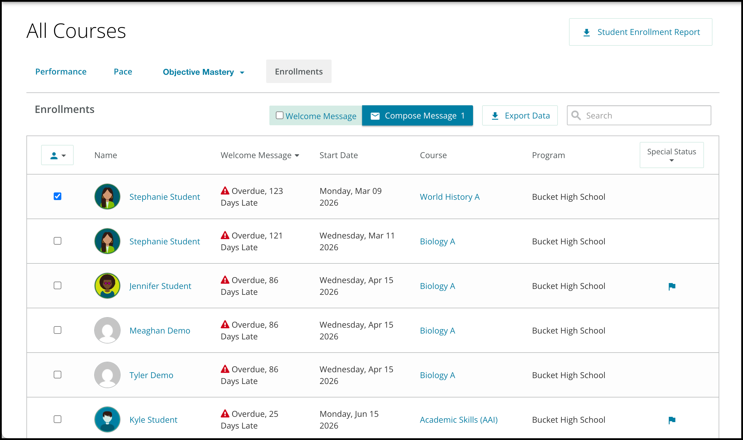 Screenshot of the Enrollments tab. A student is selected and Welcome Message and Compose Message have become available as options.