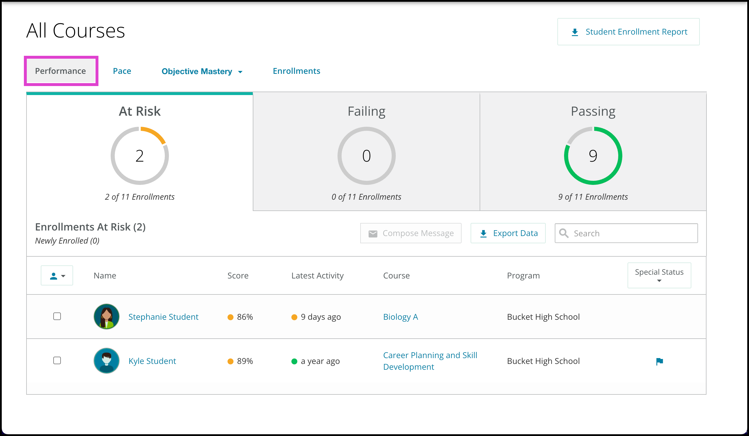 Performance Tab showing at risk, failing, and passing statuses of students.