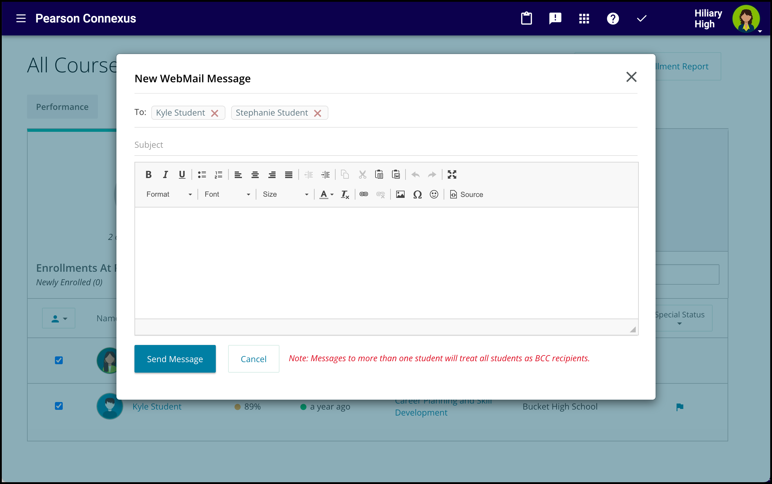Screen capture of the New WebMail message window. 