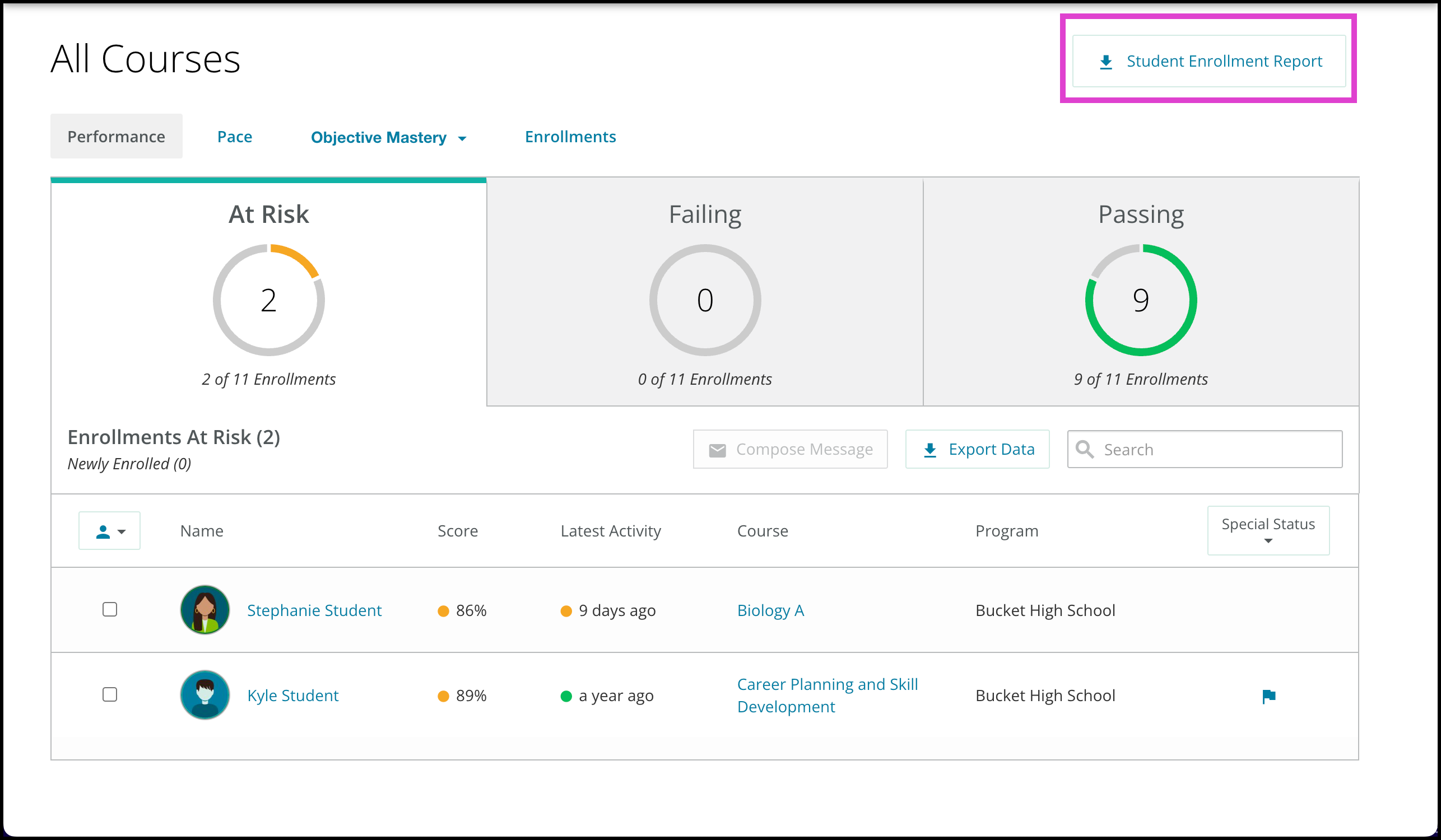 Screen capture of the Enrollments Tool.  The button to download the Student Enrollment Report is highlighted.