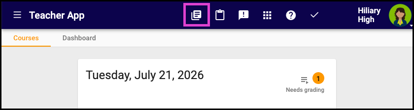 Screenshot of the Teacher Home Page.  The Manage Courses tool is highlighted. 