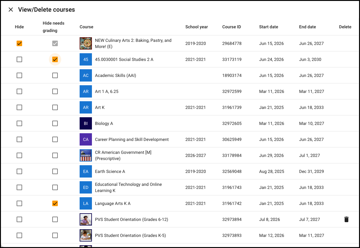 Screenshot of the View/Delete Courses screen.