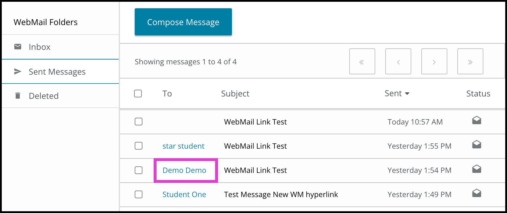 Screenshot of the Sent Messages folder.  A selectable student name is highlighted.