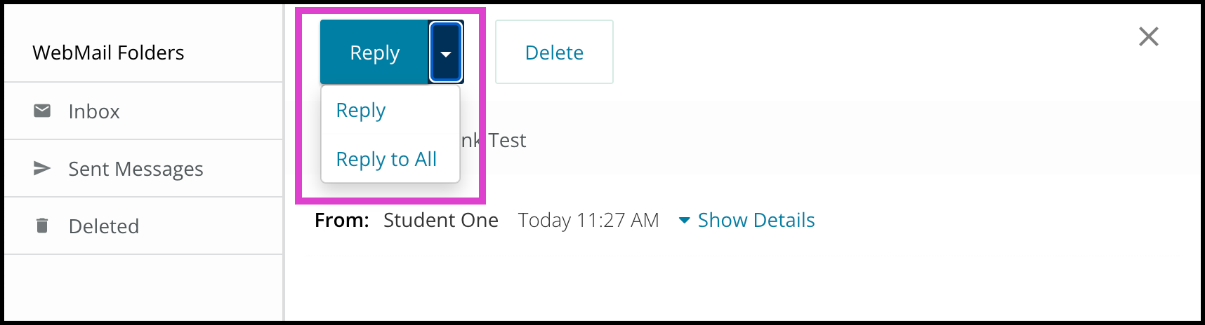 Screenshot of a WebMail message.  The Reply drop-down menu is selected.