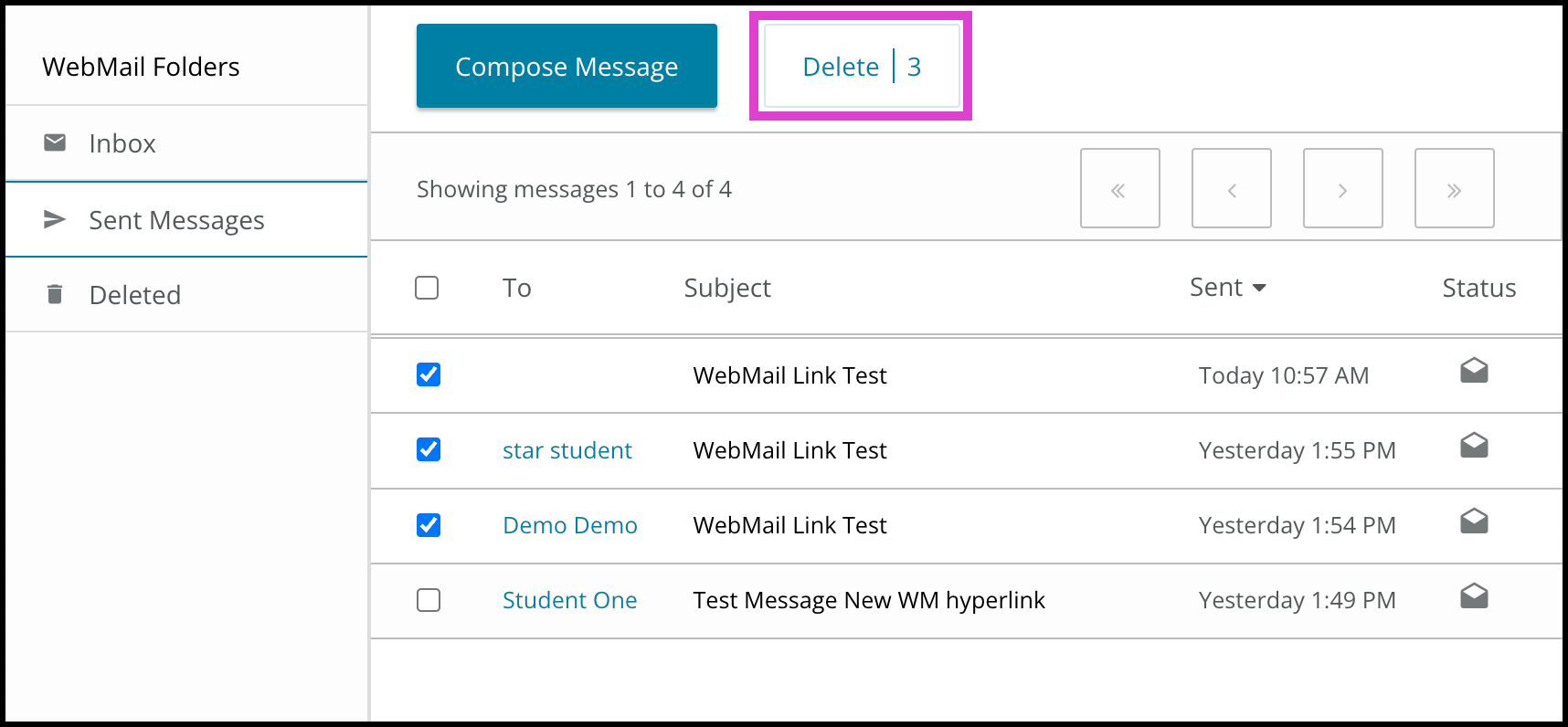 Screenshot of the Sent Messages folder.  Multiple messages are selected and the Delete button is highlighted with a number three appearing.