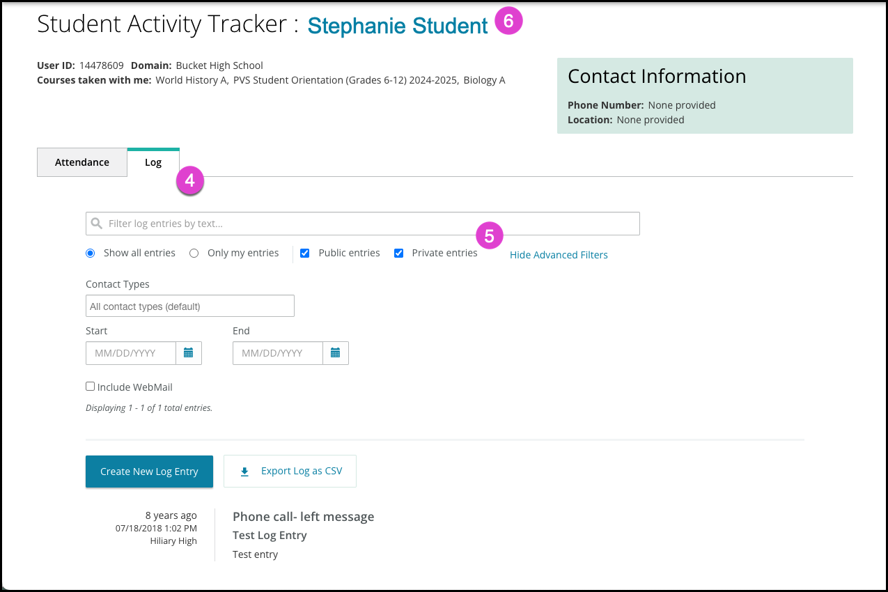 Screenshot of the Student Activity Tracker. Numbered Bullets correspond with the numbered markers above. 