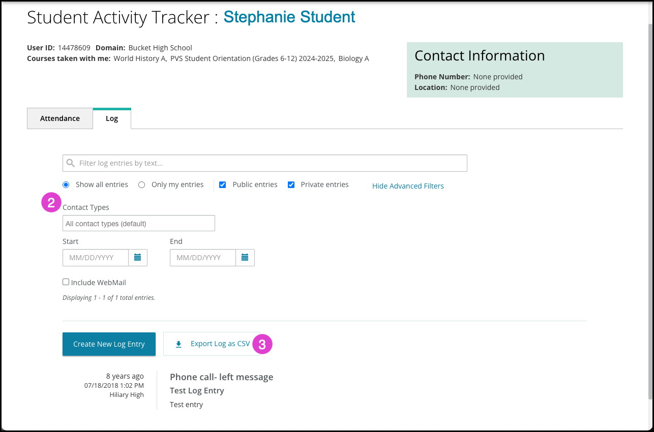 Screenshot of the Student Activity Tracker. Numbered Bullets correspond with the numbered markers above. 