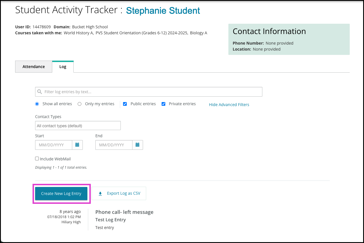 Screenshot of the Student Activity Tracker Log screen. Create new Log Entry is highlighted.