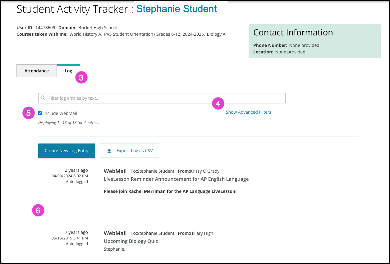 Screenshot of the Student Activity Tracker. Numbered Bullets correspond with the numbered markers above. 