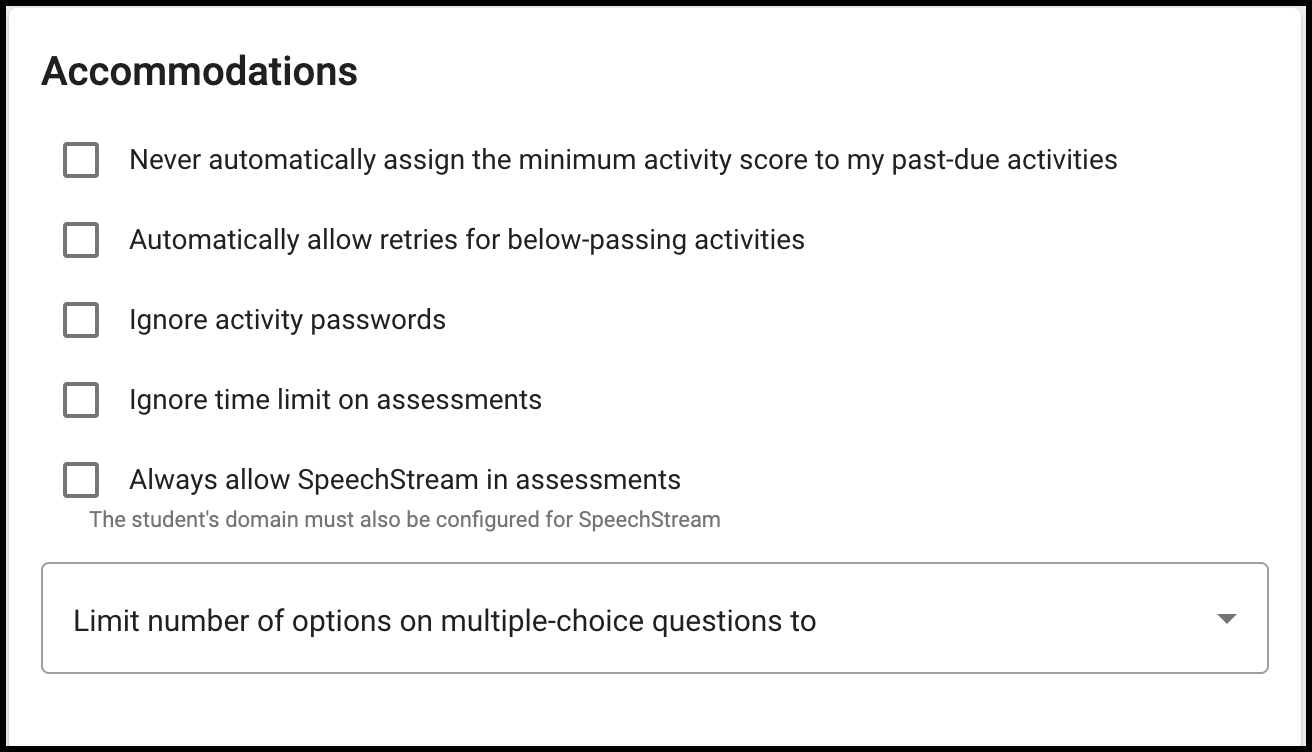 Screenshot of the Accommodations options available in the Users Details screen. 